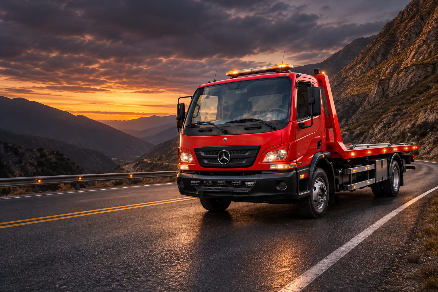 Recreación visual fotorrealista de una grúa roja en una carretera andina al atardecer